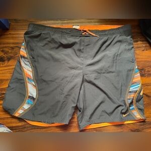 Nike Grey Orange Swim Trunks Shorts Men's XXL Zipper Pocket Tie Front Lined EUC